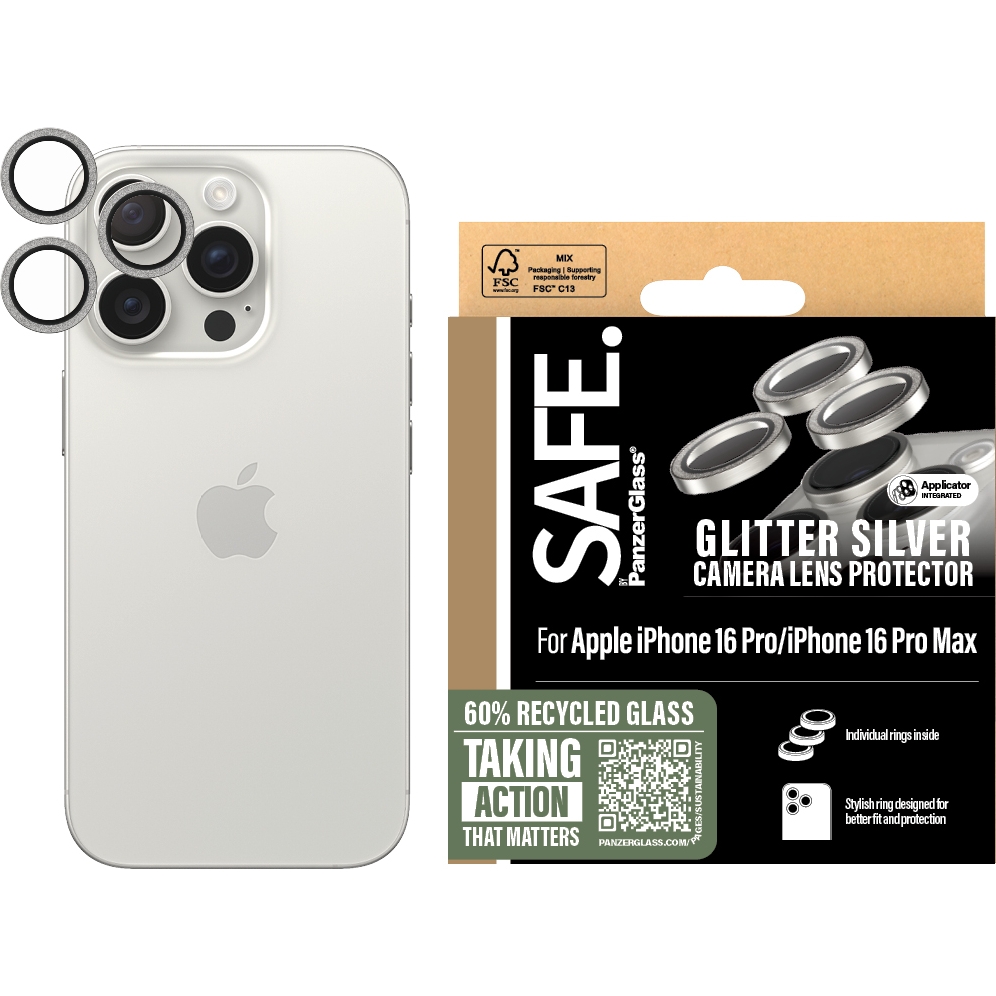 Pojedyncze lensy ze szkła hartowanego i tworzywa sztucznego w odsłonie brokatowej na aparat Safe by PanzerGlass Camera Lens Protector do iPhone 16 Pro / 16 Pro Max, brakotowo-srebrne